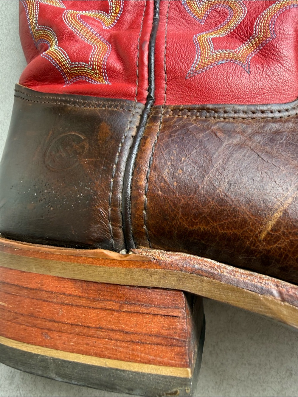 Double H Brown Leather Western Boots SZ 9with Red Embroidered Shaft square front - Picture 4 of 12